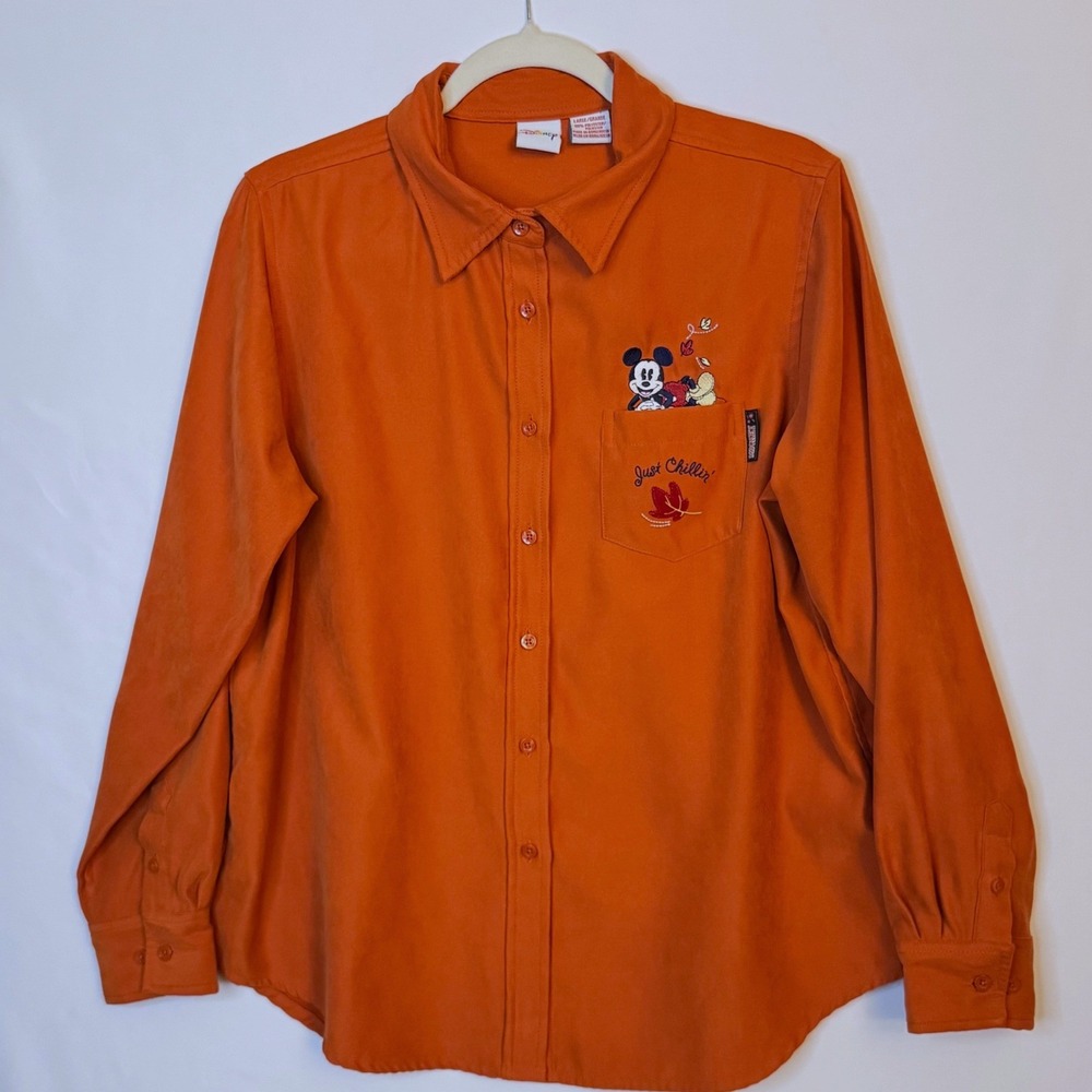 Vtg Disney Mickey Button Shirt Women L Orange Embroidered Fall Thanksgiving